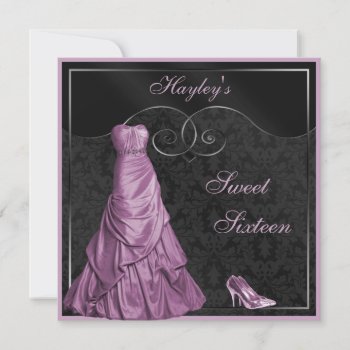 Glamorous Purple Ball Gown Black Sweet 16 Invitation by AJ_Graphics at Zazzle