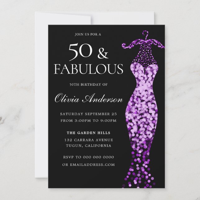 Glamorous Purple Dress Fabulous 50th Birthday Invitation (Front)