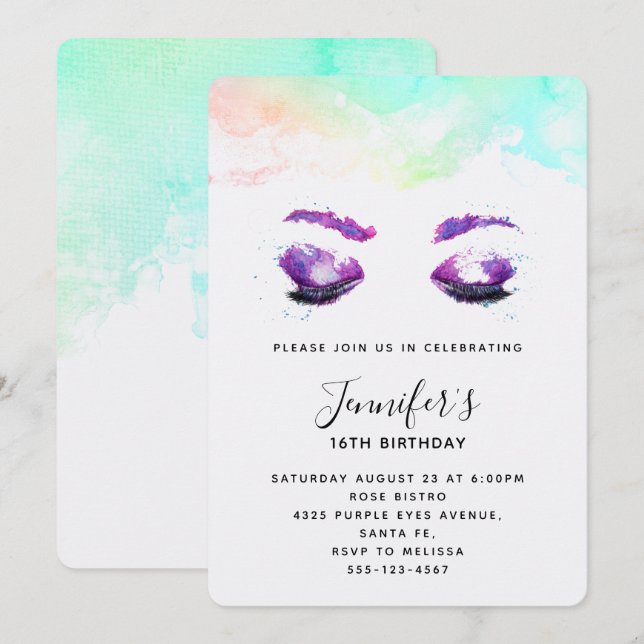 Glamorous Purple Eyes & Brows Watercolor Birthday Invitation (Front/Back)