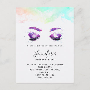 Glamorous Purple Eyes & Brows Watercolor Birthday Invitation Postcard