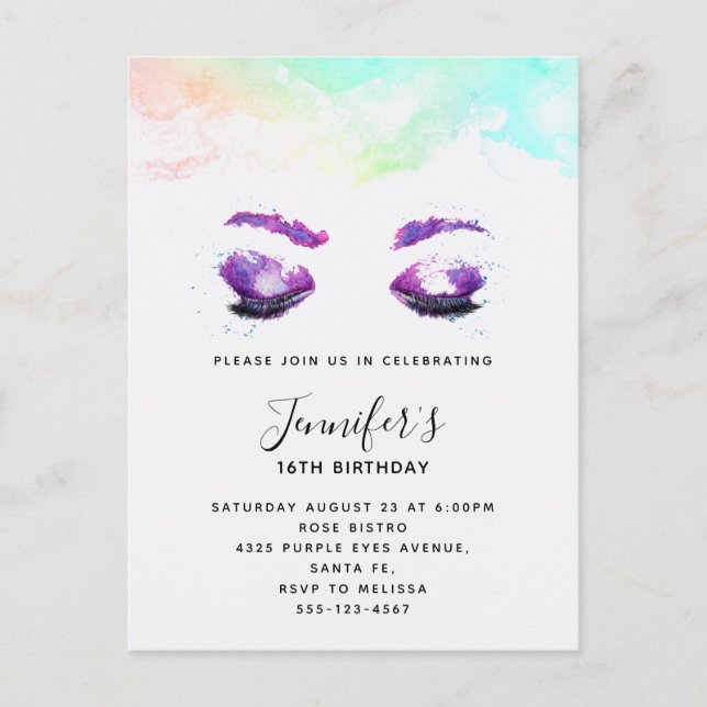 Glamorous Purple Eyes & Brows Watercolor Birthday Invitation Postcard (Front)