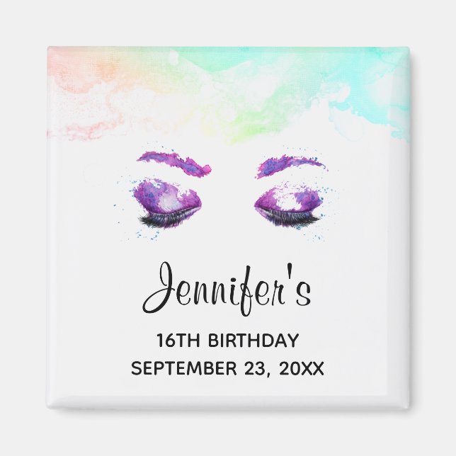 Glamorous Purple Eyes & Brows Watercolor Birthday Magnet (Front)