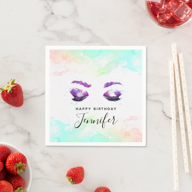 Glamorous Purple Eyes & Brows Watercolor Birthday Napkins (Insitu)