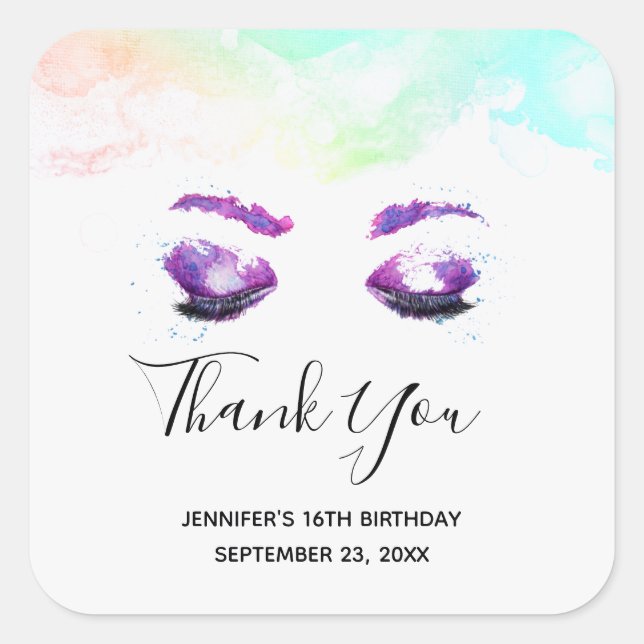 Glamorous Purple Eyes & Brows Watercolor Birthday Square Sticker (Front)