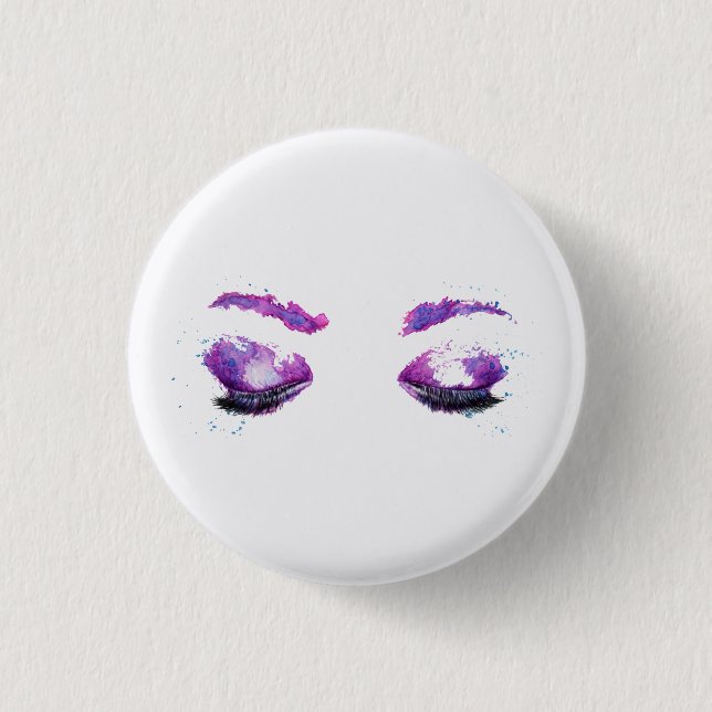 Glamorous Purple Eyes & Brows Watercolor Button (Front)