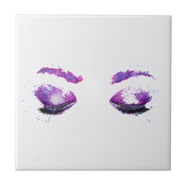 Glamorous Purple Eyes & Brows Watercolor Ceramic Tile (Front)