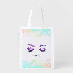 Glamorous Purple Eyes & Brows Watercolor Grocery Bag