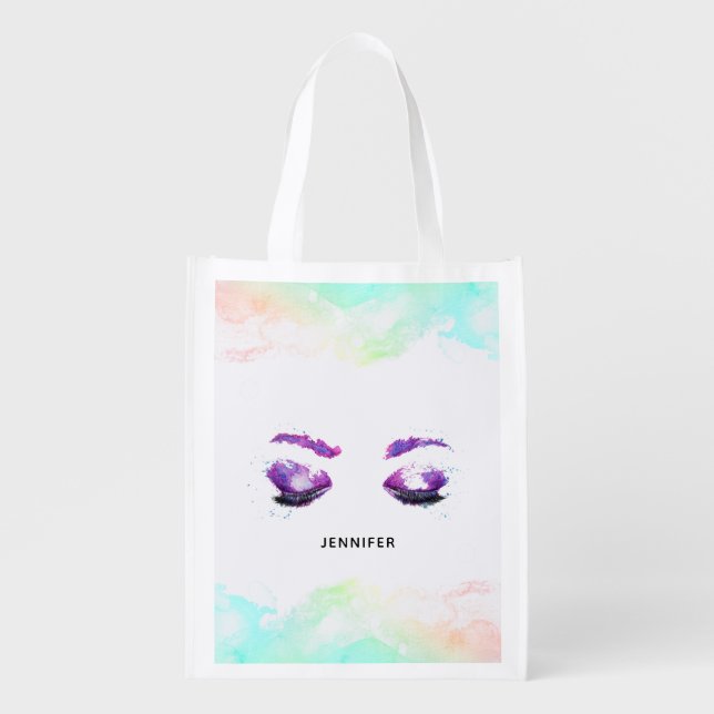 Glamorous Purple Eyes & Brows Watercolor Grocery Bag (Front)