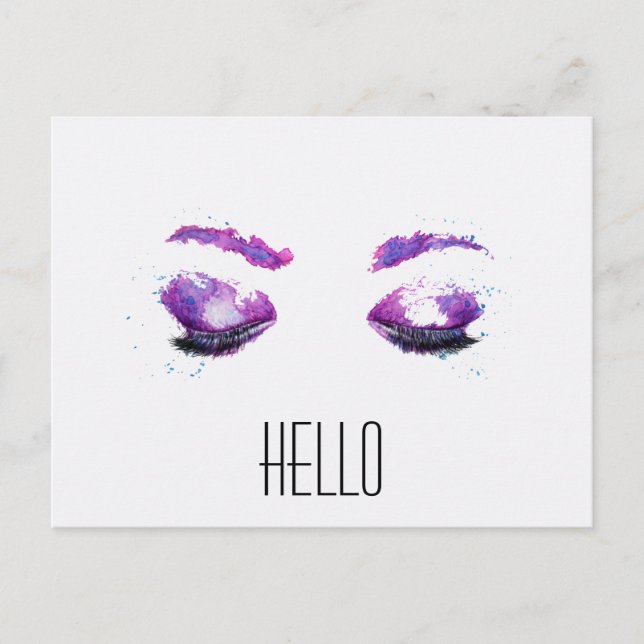 Glamorous Purple Eyes & Brows Watercolor Hello Postcard (Front)