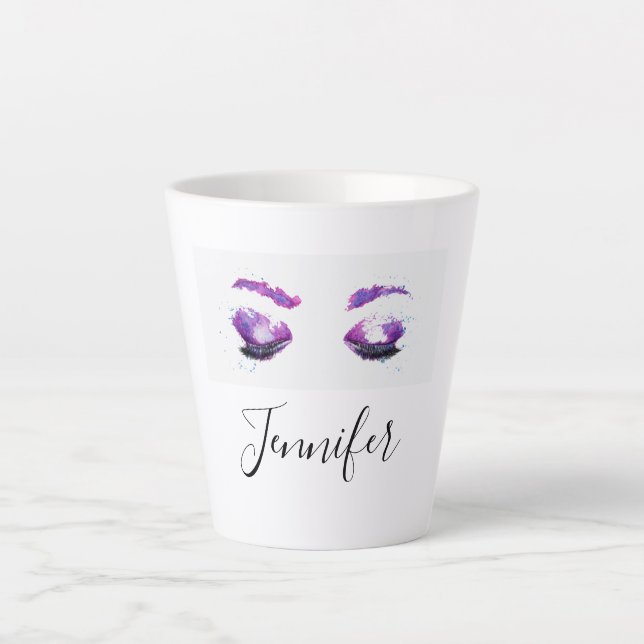Glamorous Purple Eyes & Brows Watercolor Latte Mug (Front)