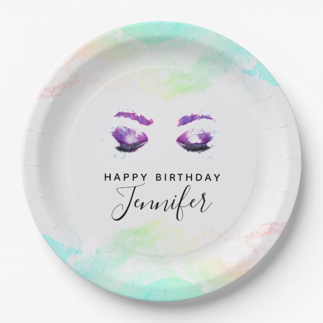 Glamorous Purple Eyes & Brows Watercolor Paper Plates (Front)