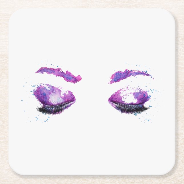 Glamorous Purple Eyes & Brows Watercolor Square Paper Coaster (Front)