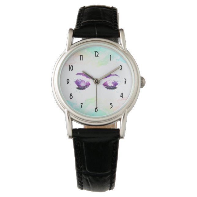Glamorous Purple Eyes & Brows Watercolor  Watch (Front)