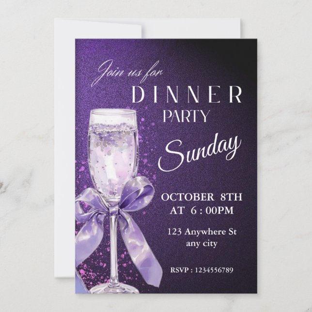 Glamorous Purple Glitter Dinner Party Invitation (Front)