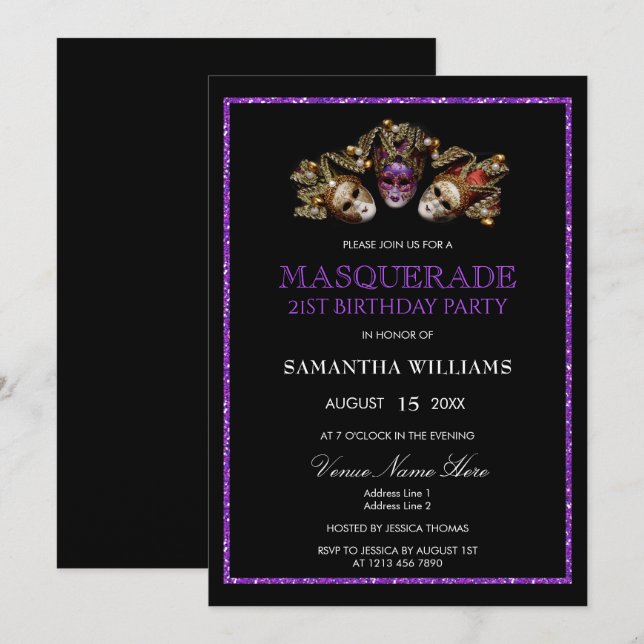 Glamorous Purple Glitter  Masquerade 21st Birthday Invitation (Front/Back)
