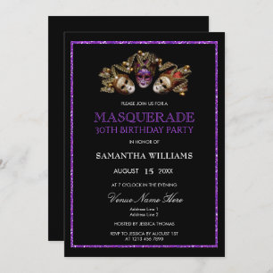 Glamorous Purple Glitter Masquerade 30th Birthday Invitation
