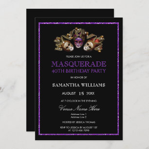 Glamorous Purple Glitter  Masquerade 40th Birthday Invitation