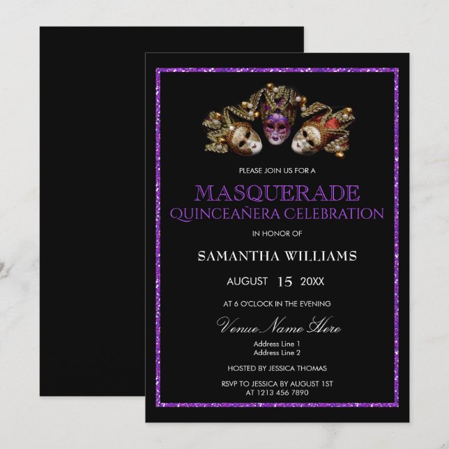 Glamorous Purple Glitter  Masquerade Quinceañera Invitation (Front/Back)