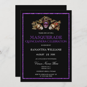 Glamorous Purple Glitter Masquerade Quinceañera Invitation