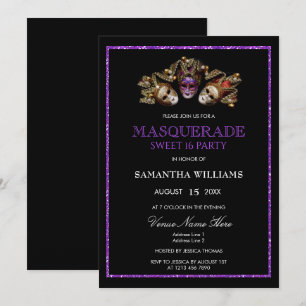 Glamorous Purple Glitters Masquerade Sweet 16 Invitation