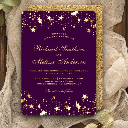 Glamorous Purple Gold Faux Glitter Stars Wedding Invitation