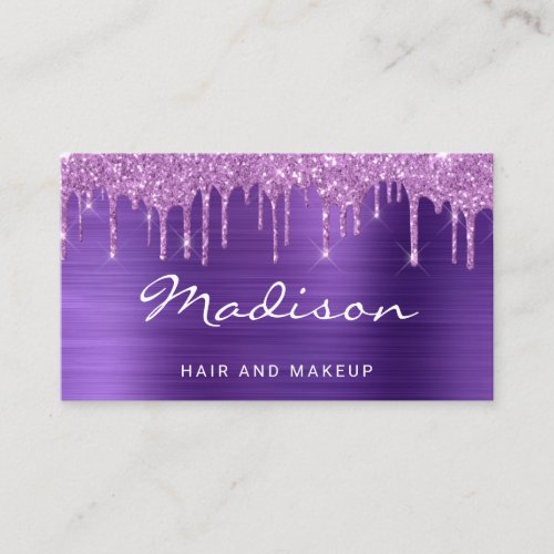 Glamorous Purple Metal Glitter Drip Hair  Makeup Business Card