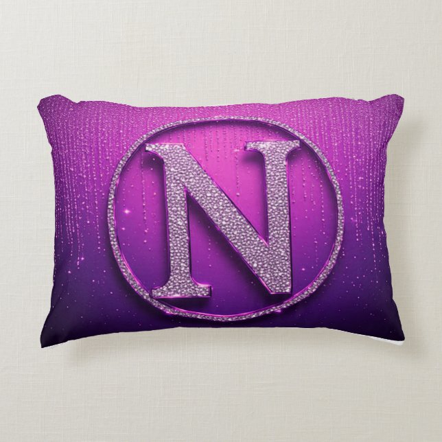 Glamorous Purple N Monogram Diamond Glitter Circle Accent Pillow (Front)