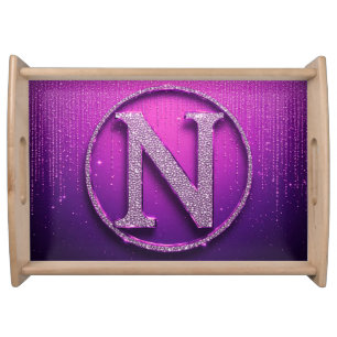 Glamorous Purple N Monogram Diamond Glitter Circle Serving Tray
