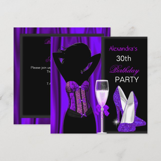 Glamorous Purple Wild Leopard Birthday Party Invitation (Front/Back)