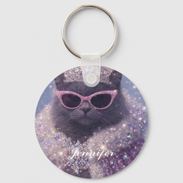 Glamorous Queen Cat Sparkling Fantasy Portrait     Keychain (Front)