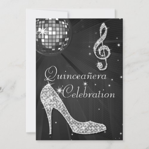 Glamorous Quinceaera Disco Ball and Sparkle Heels Invitation