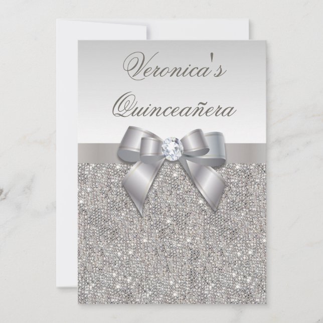 Glamorous Quinceañera Faux Silver Sequins and Bow Invitation (Front)