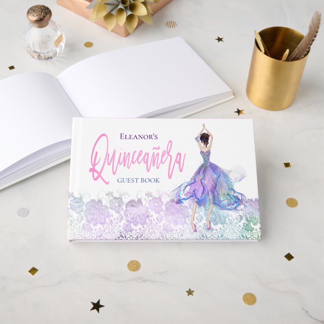 Glamorous Quinceanera Pink Dancing Girl Name Date Guest Book (Front Open)