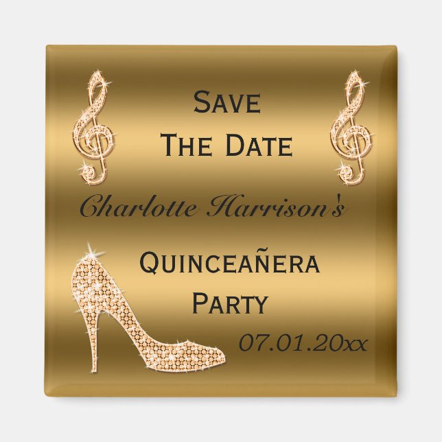 Glamorous Quinceañera Save The Date Gold Stiletto Magnet (Front)