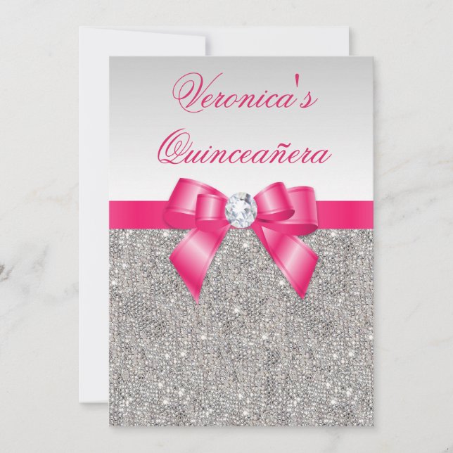 Glamorous Quinceañera Silver Sequins Hot Pink Bow Invitation (Front)