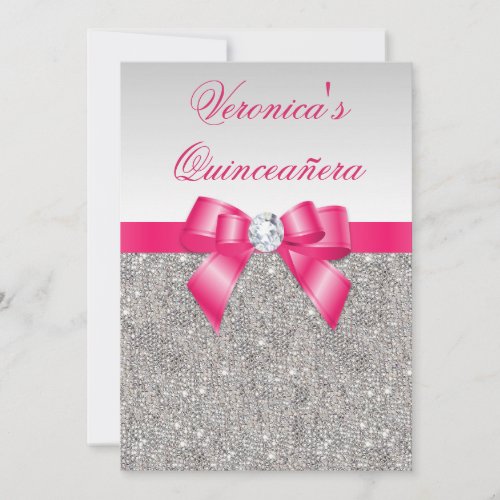 Glamorous Quinceaera Silver Sequins Hot Pink Bow Invitation