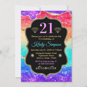 Glamorous Rainbow Alcohol Ink Agate Birthday Invitation