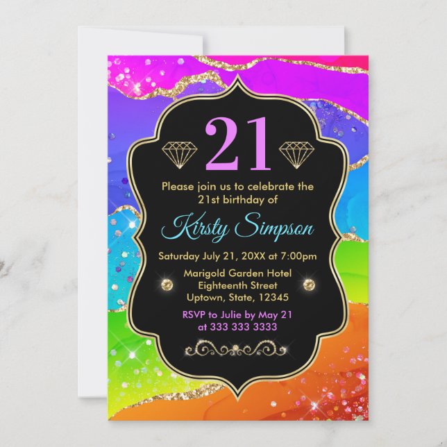 Glamorous Rainbow Alcohol Ink Agate Birthday Invitation (Front)