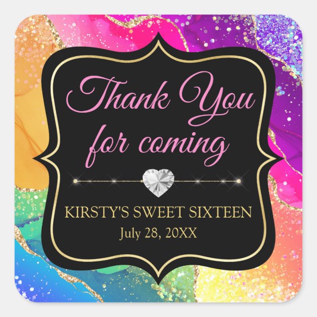 Glamorous Rainbow Alcohol Ink Agate Sweet 16 Square Sticker (Front)
