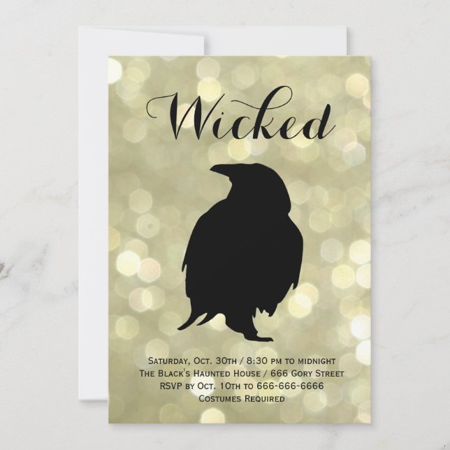 Glamorous Raven on Gold Halloween Costume Party Invitation (Front)