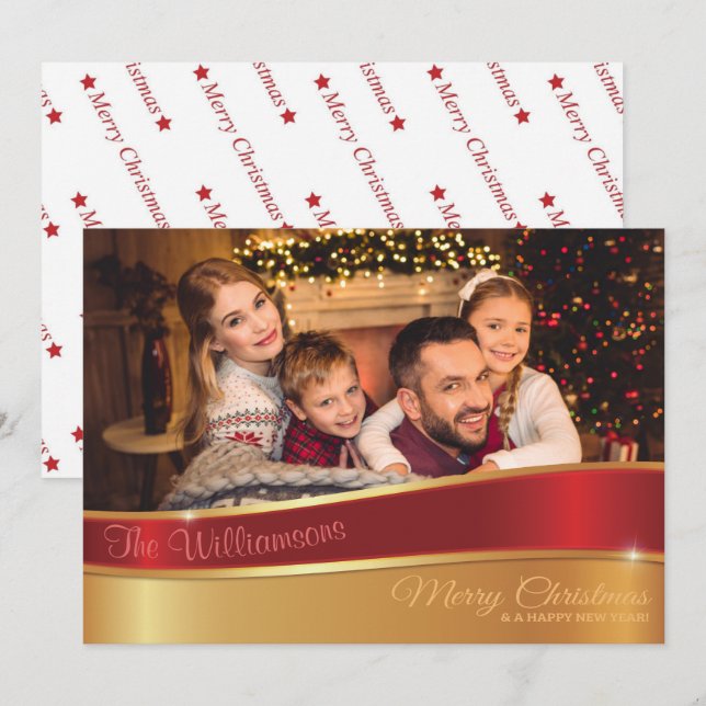 Glamorous Red and Gold Christmas Photo Holiday Card (Front/Back)