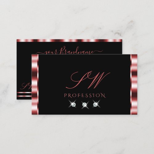 Glamorous Red Black Sparkling Diamonds Initials Business Card