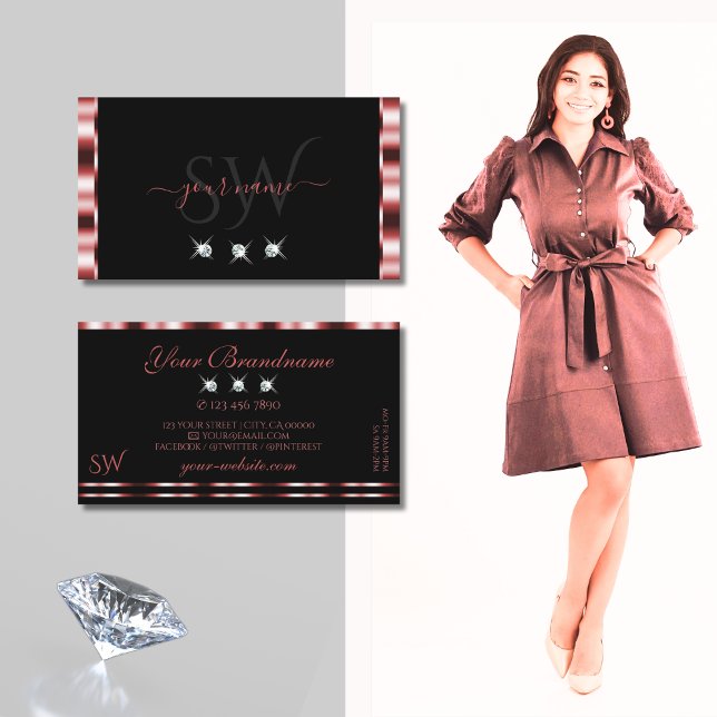 Glamorous Red Black Sparkling Diamonds Monogram Business Card (Creator Uploaded)