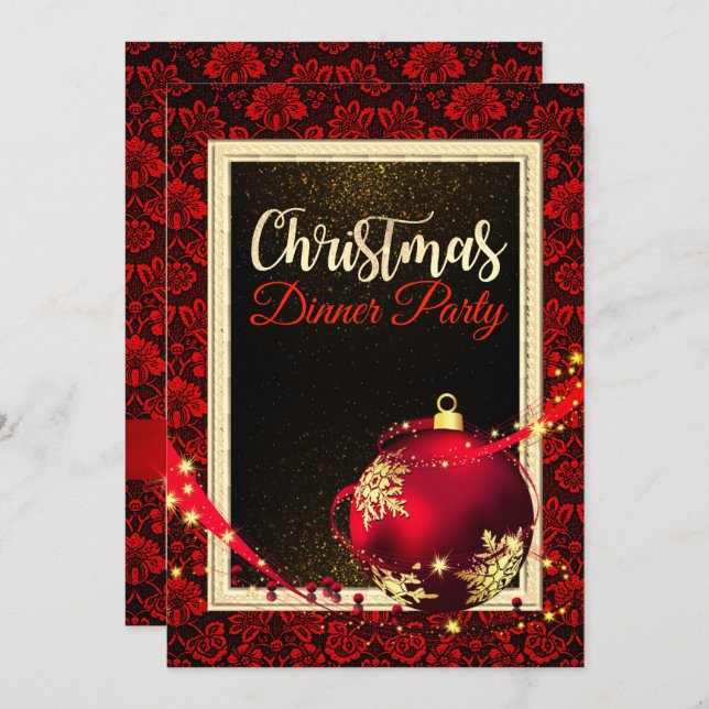 Glamorous Red Damask Christmas Dinner Invite (Front/Back)