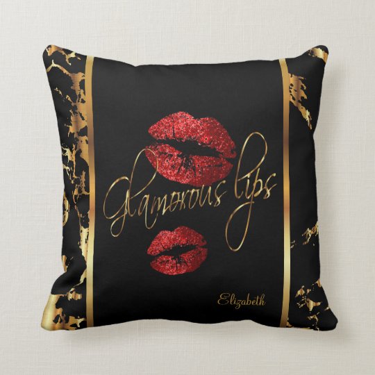 Glamorous Red Glitter Lips Throw Pillow