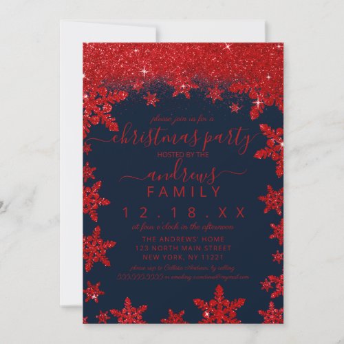 Glamorous Red Glitter Snowflake Gradient Christmas Invitation
