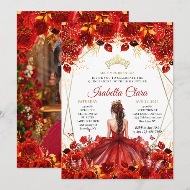 Glamorous Red & Gold Floral Princess Quinceanera  Invitation (Front/Back)