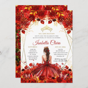 Glamorous Red & Gold Floral Princess Quinceanera Invitation