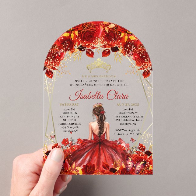 Glamorous Red & Gold Floral Quinceanera Acrylic Invitations (Insitu (Handheld))