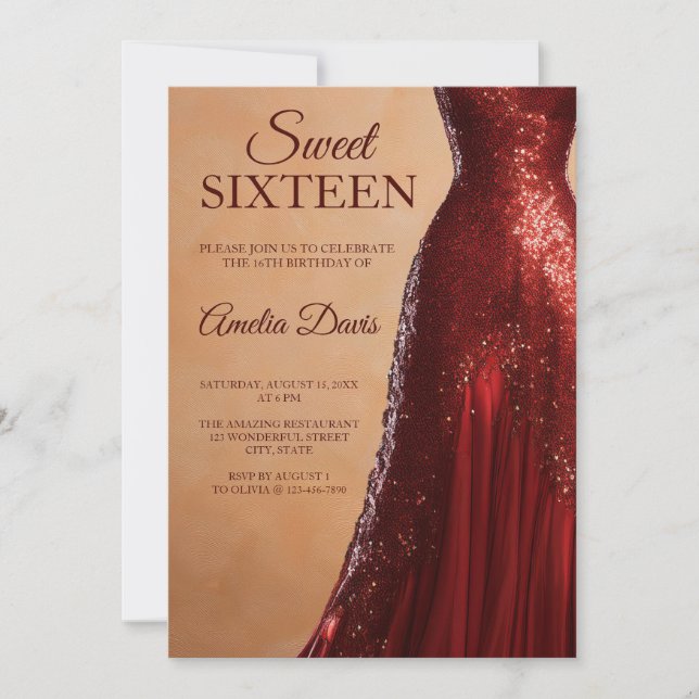 Glamorous Red Gown Sweet 16 Birthday Invitation (Front)